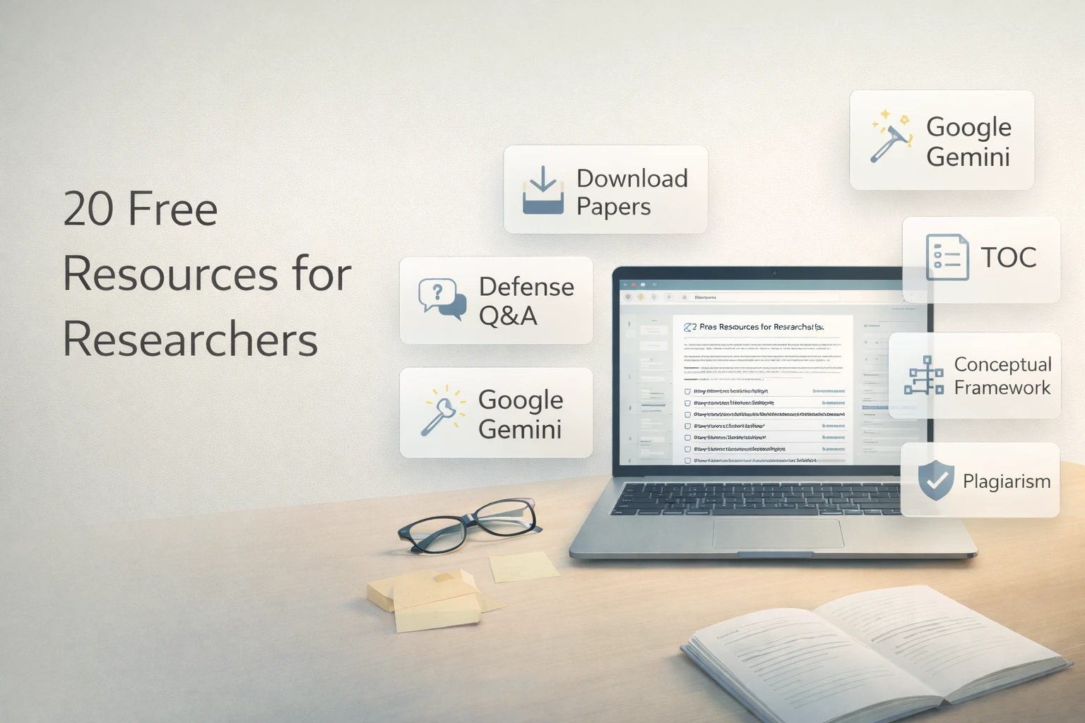 Desk with laptop and open research guides — list of free resources for researchers.