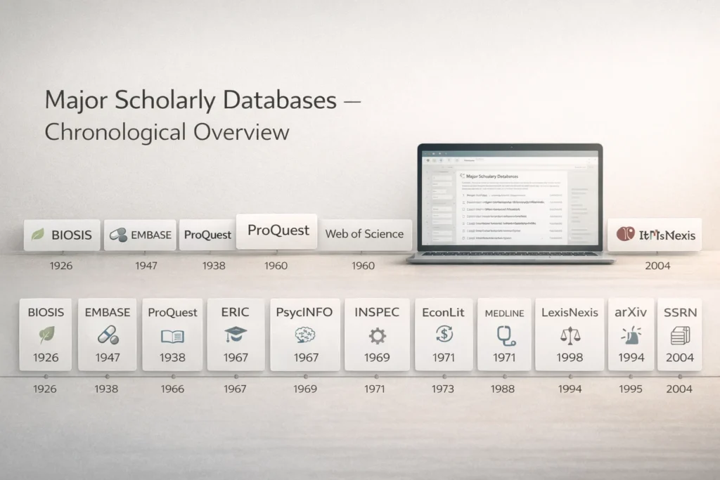 Timeline of major scholarly databases with icons for BIOSIS, EMBASE, Web of Science, PubMed, Scopus, and JSTOR.