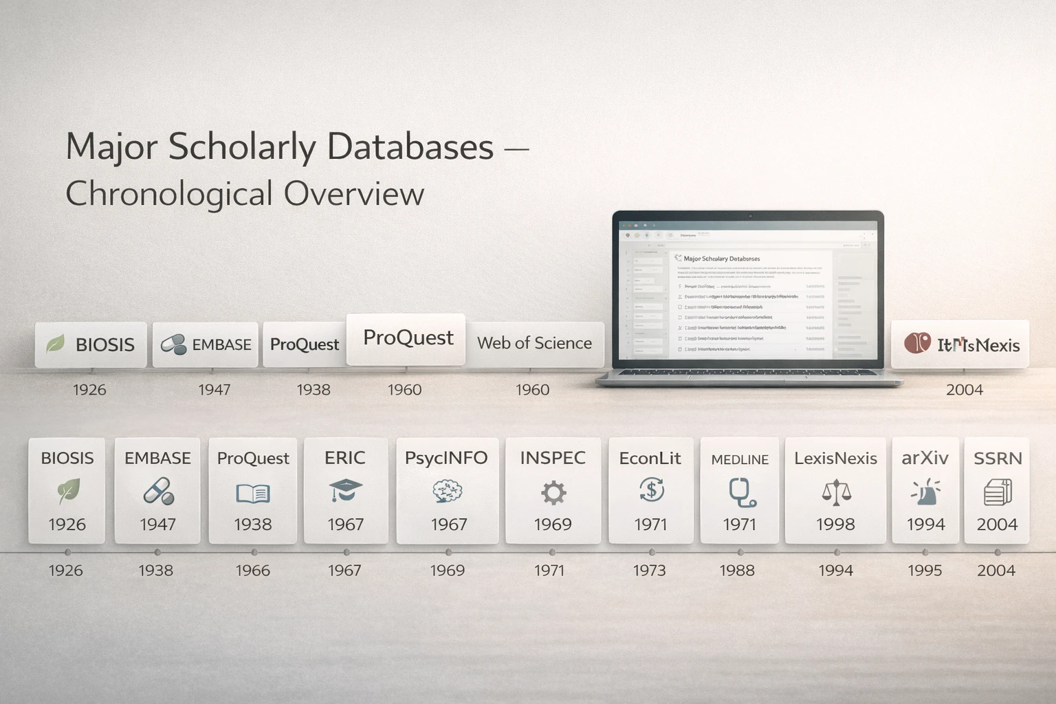 Timeline of major scholarly databases with icons for BIOSIS, EMBASE, Web of Science, PubMed, Scopus, and JSTOR.