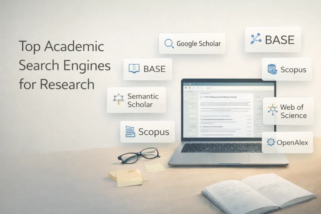 Laptop with search interfaces and icons for academic search engines.