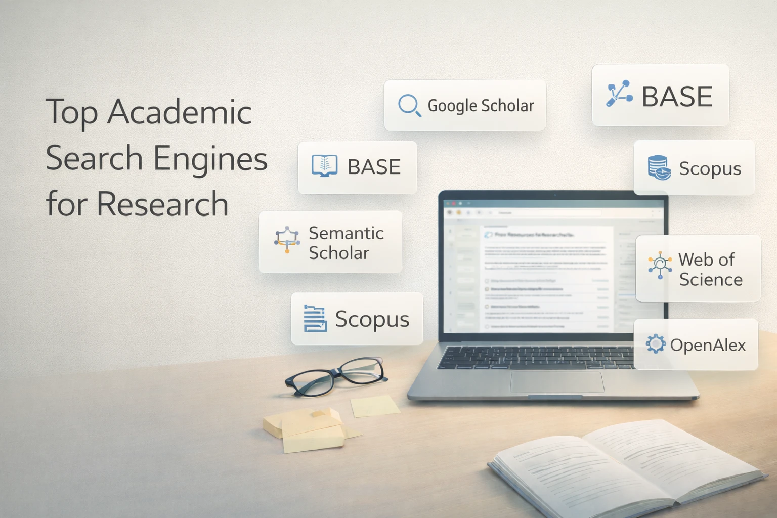 Laptop with search interfaces and icons for academic search engines.