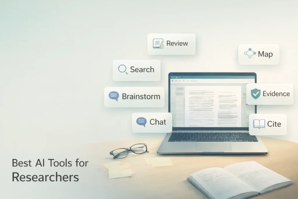 Workspace with laptop and floating tool panels labeled Read, Chat, Notes, Draft, Edit, Cite.