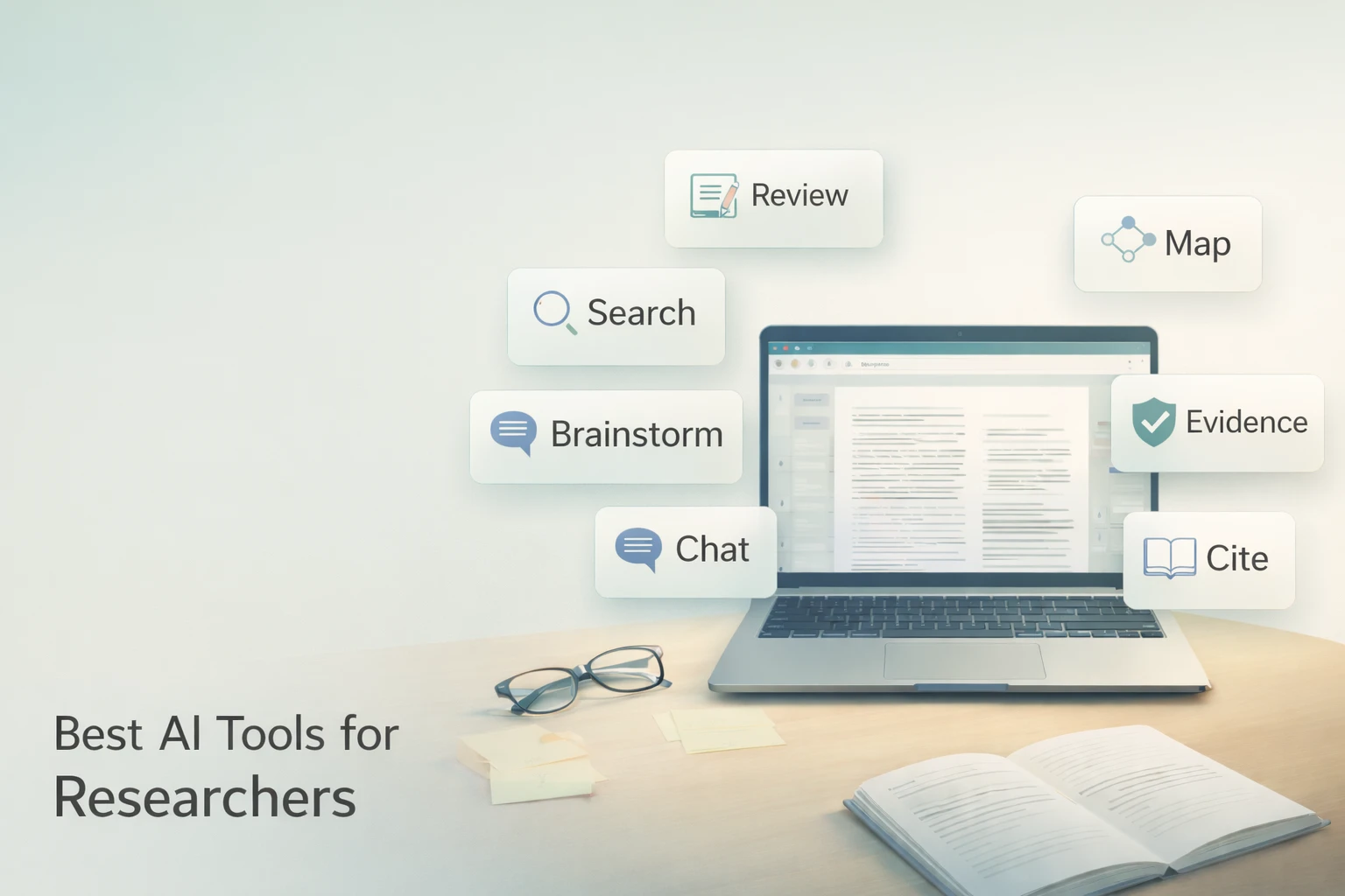 Workspace with laptop and floating tool panels labeled Read, Chat, Notes, Draft, Edit, Cite.